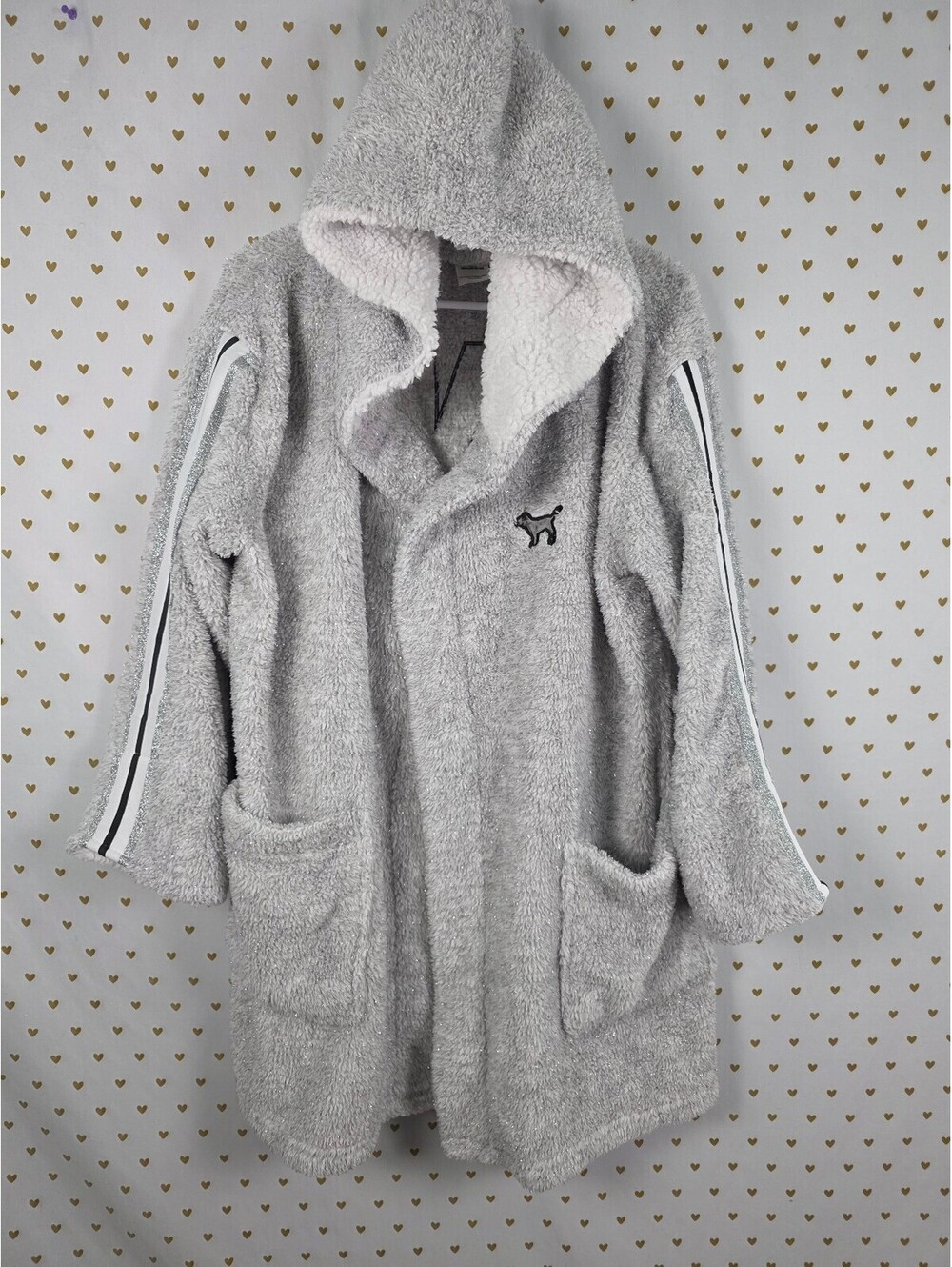 Victorias Secret PINK Shimmer Hooded Robe Silver Medium Large Fuzzy Warm